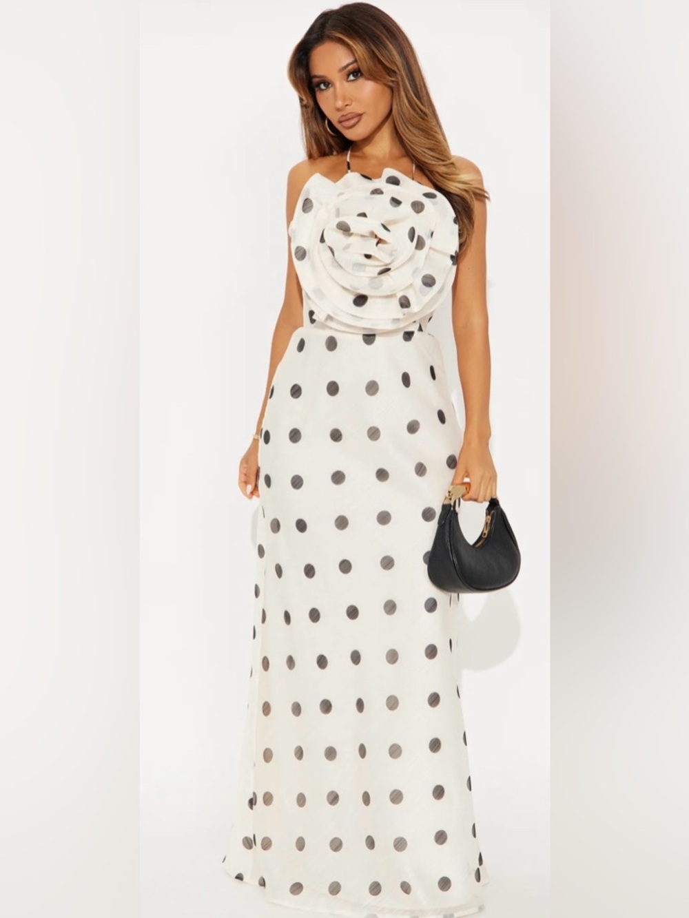 Ivory Polka Dot Maxi Dress with Rosette Bodice